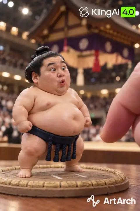 Tiny Sumo Figurine, Big Reaction — Kling 4.0