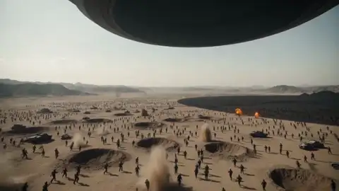 Desert Battle Under an Alien Ring Megastructure — Kling 4.0