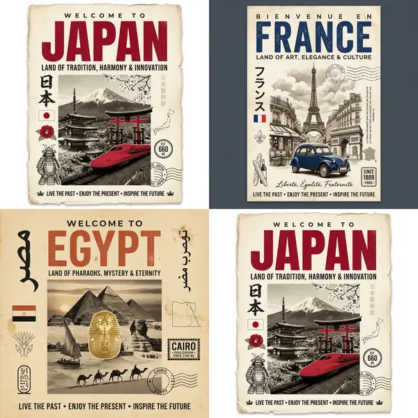 复古旅行海报：日本、法国、埃及 — Nano Banana 2.1