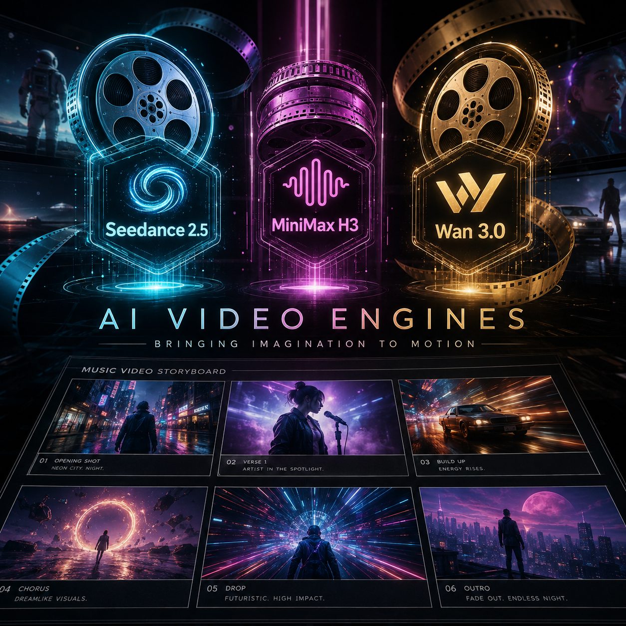 Motion engines collage including MiniMax H3 as a clip you pick, not a prompt adjective