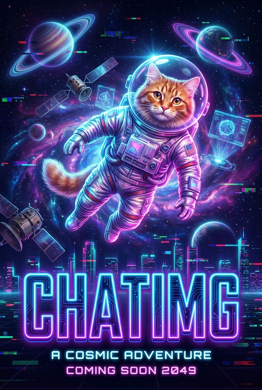 Cyberpunk neon movie poster generated by Nano Banana Pro, with the CHATIMG title and subtitle text rendered precisely
