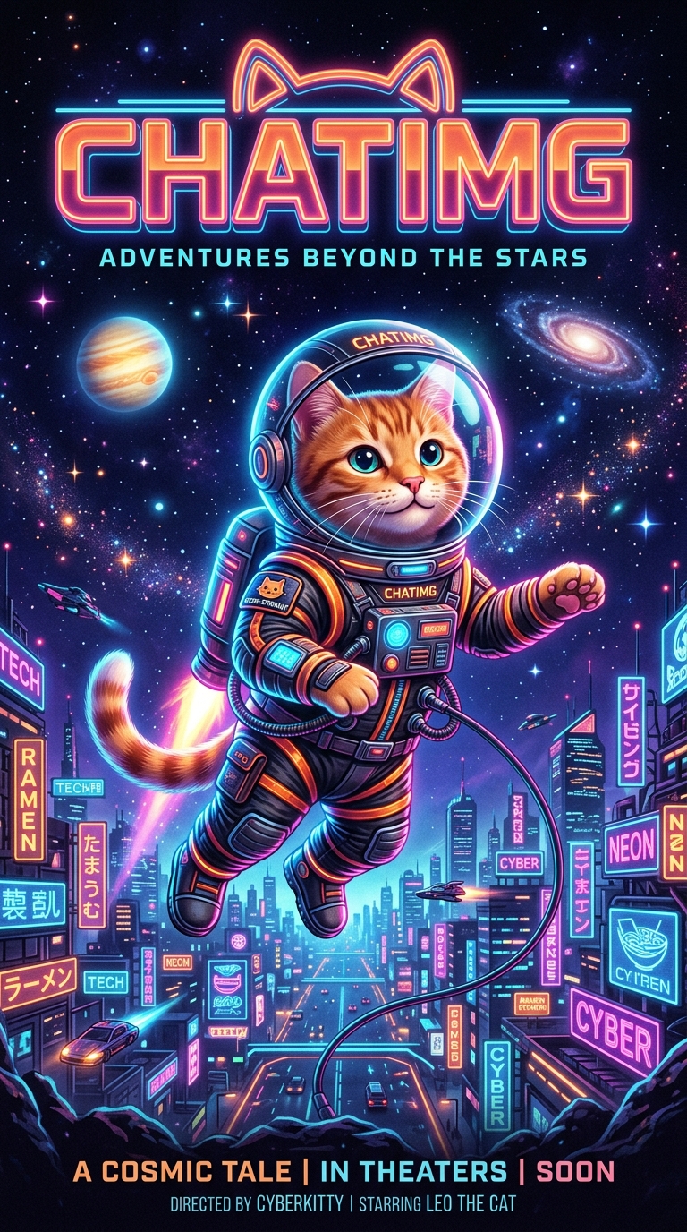 Cyber-city cat astronaut poster generated by Nano Banana 2, with rich multi-line text rendering
