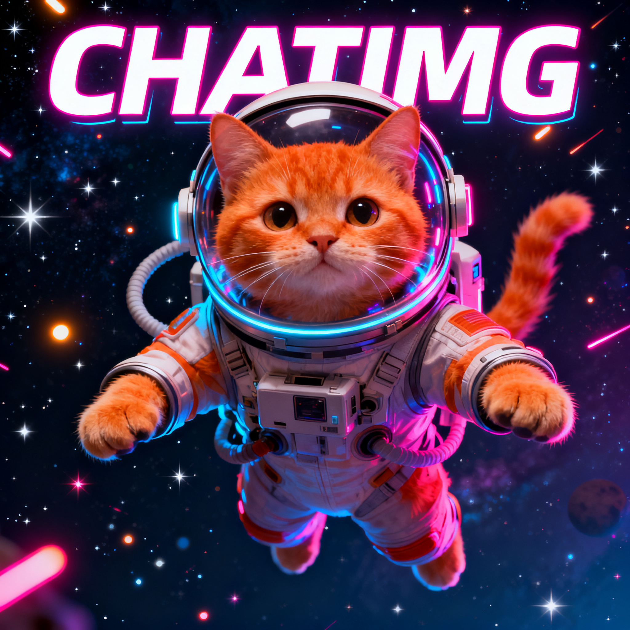 AI-generated cat astronaut example with a 2048 HD neon title