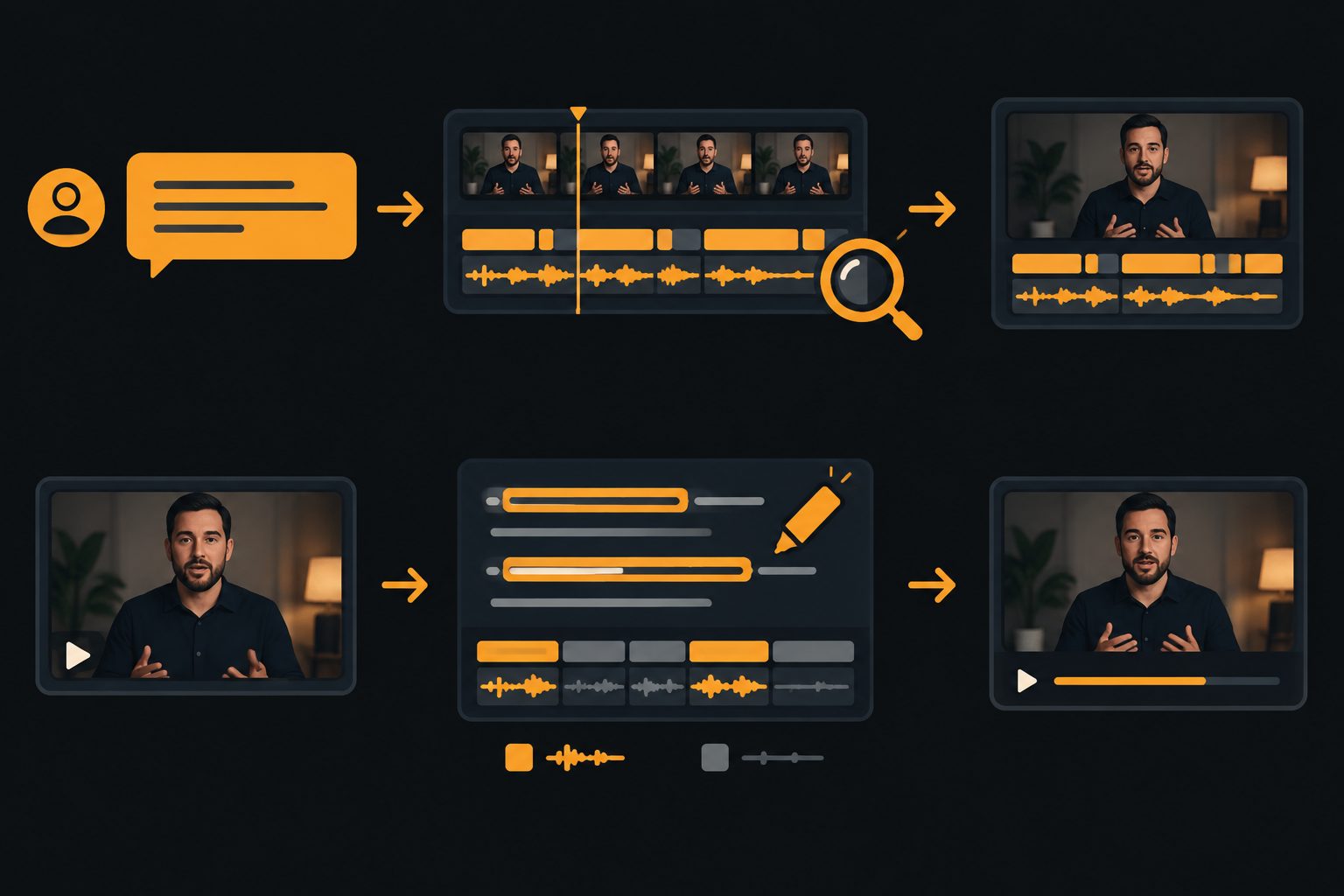 Two paths: a chat prompt producing a rough cut that needs review, versus highlighting subtitle lines while filler and silence are greyed out, ending in a clean export