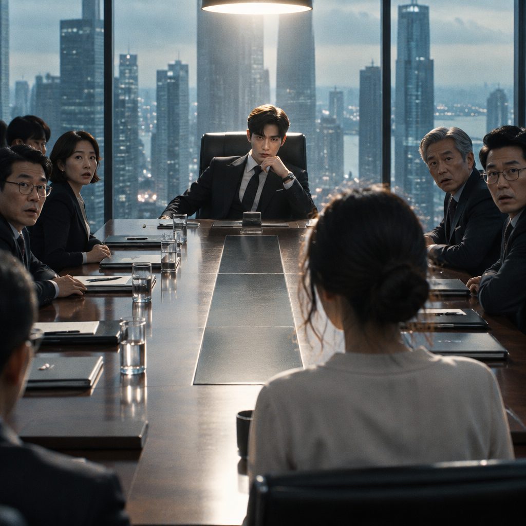 The twist beat: the stranger takes the chairman's seat while the woman who was just fired watches from the end of the table