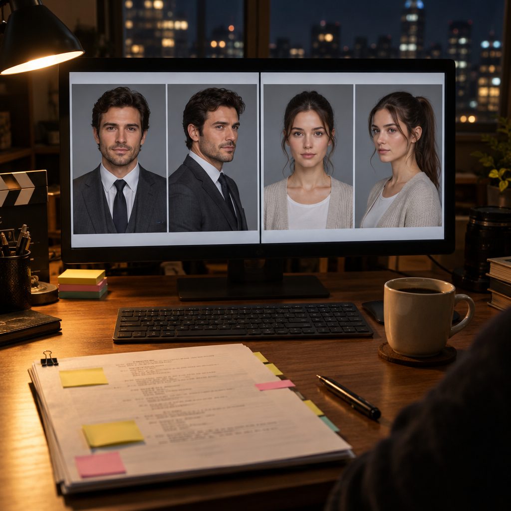 Lock both leads before shooting: front and three-quarter reference portraits of the CEO and the heroine with matching faces