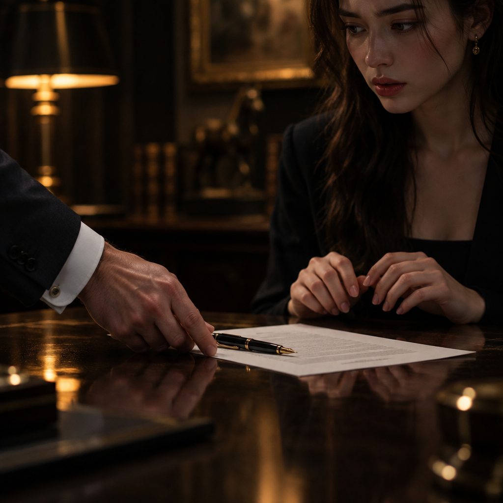 Episode 1 cliffhanger: a one-year marriage contract slid across the desk, her hand hesitating above the pen