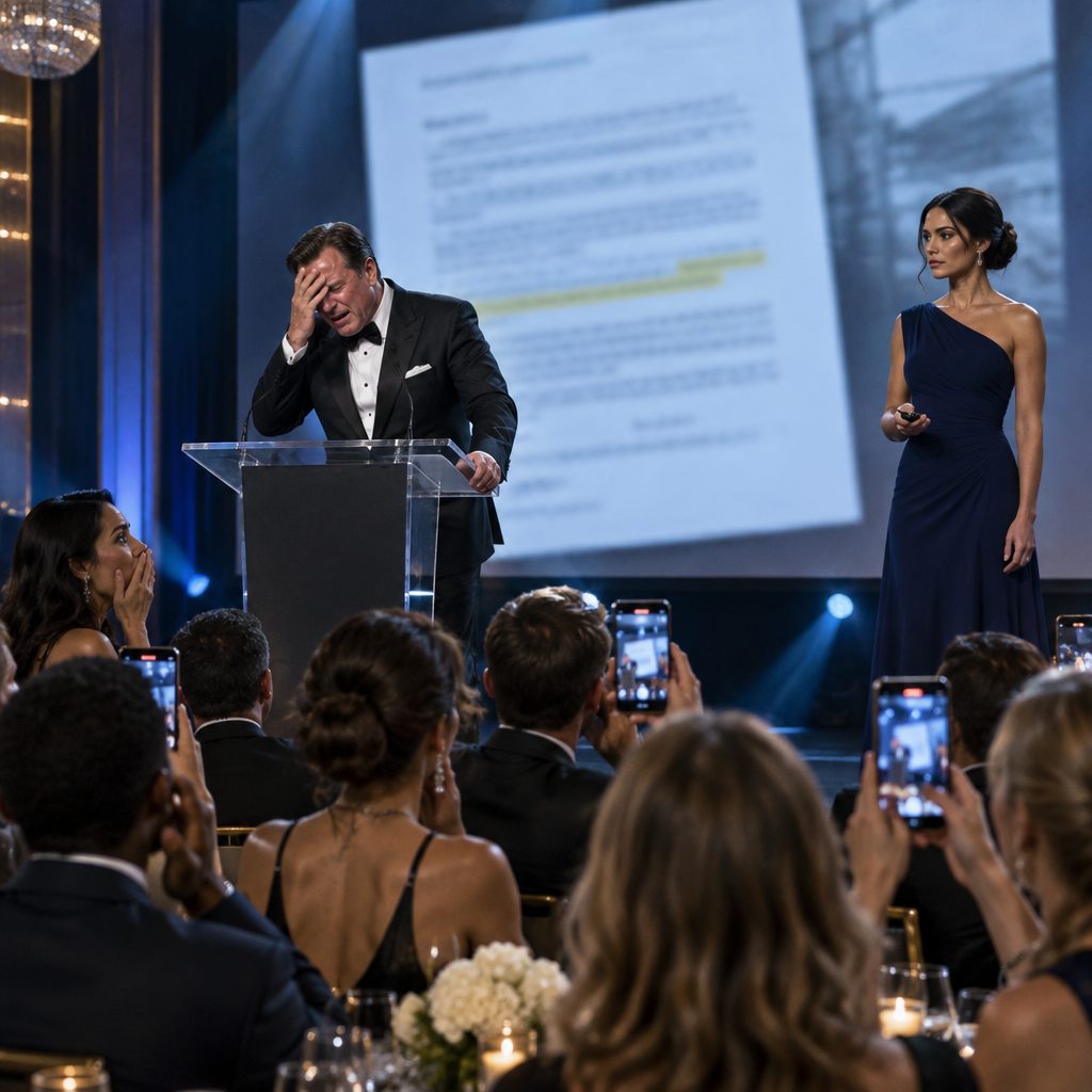 A payback rung played in public: the evidence goes up on the gala screen while guests raise their phones