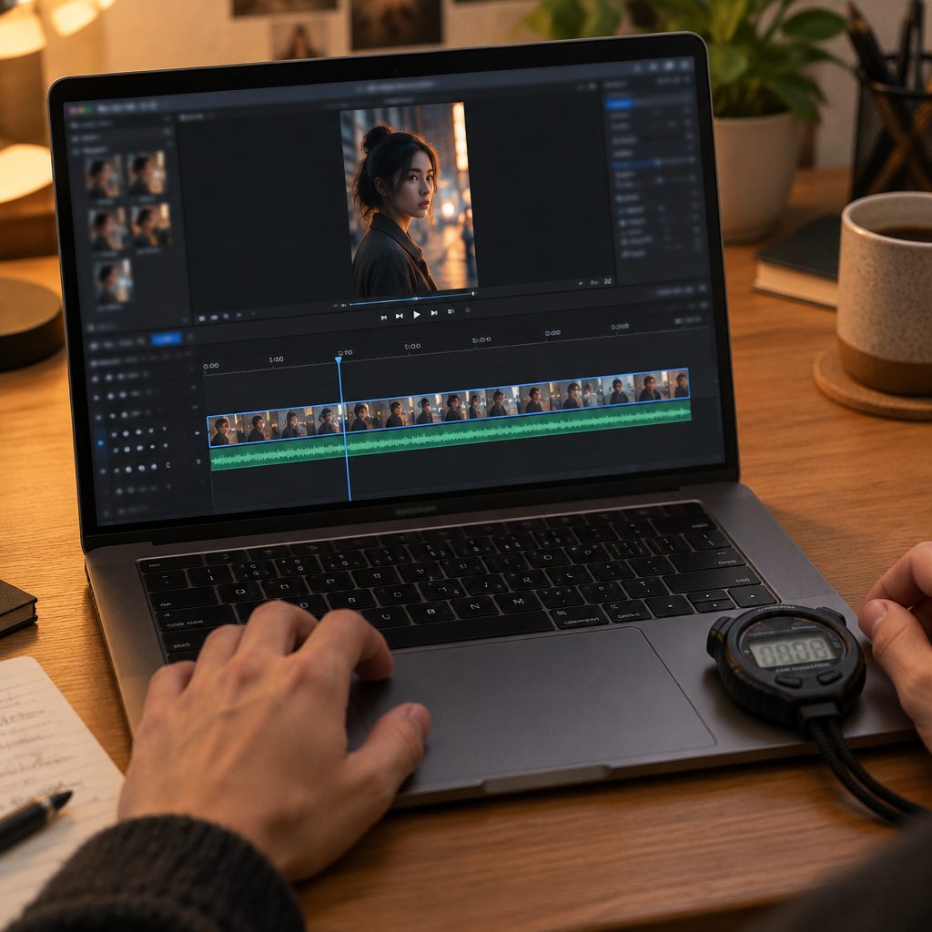 Time the exported file: the playhead parked just past the one-minute mark, a stopwatch beside the trackpad