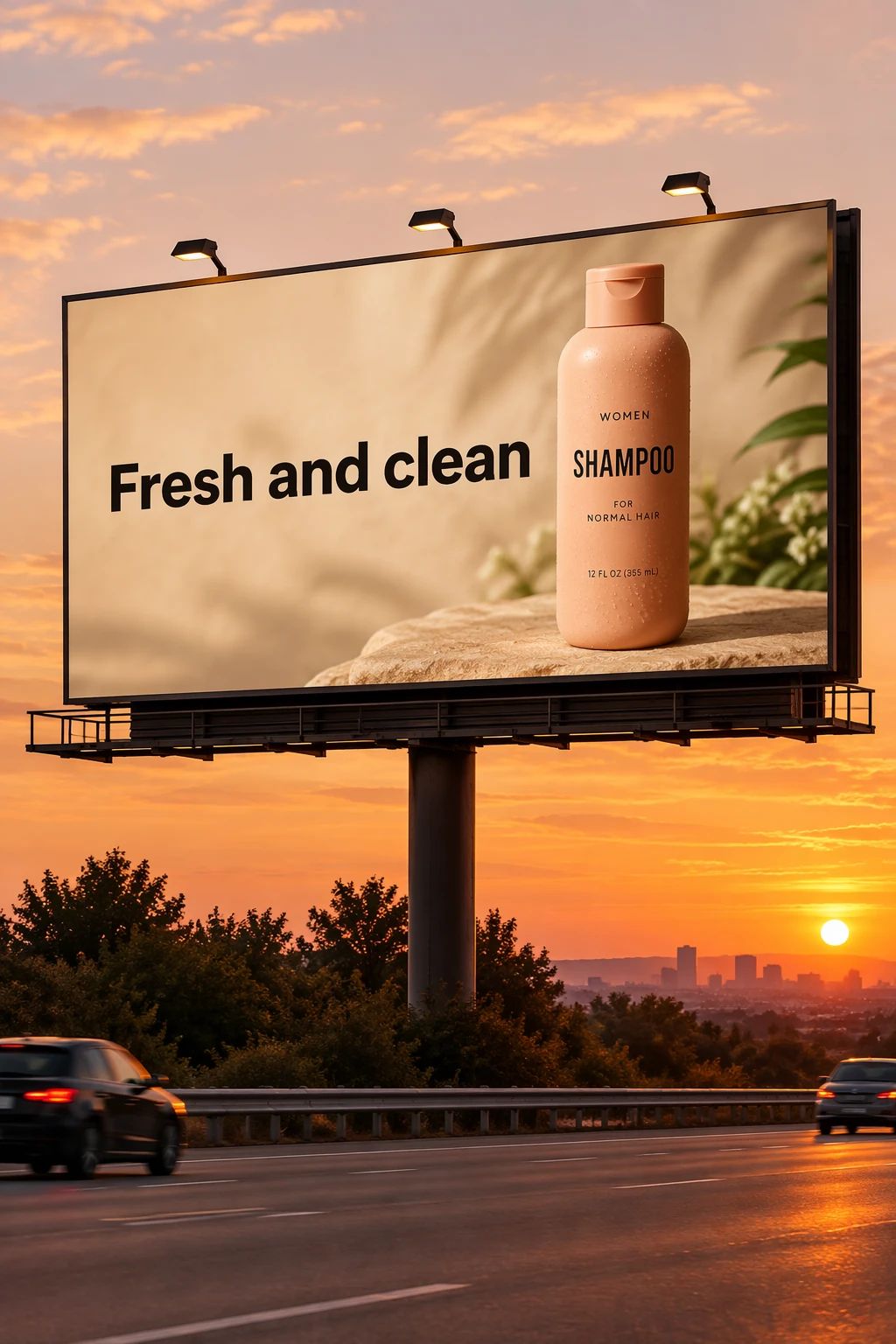 公路旁黄昏广告牌，文案 Fresh and clean