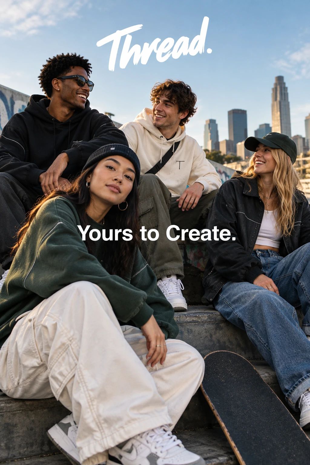 四人街头穿搭广告，画面有 Thread. 与 Yours to Create. 两行字