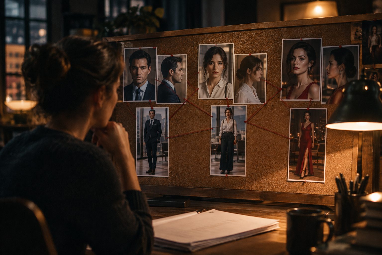 A writers' room casting board with photos of three characters: a CEO in a navy suit, a heroine in a white blouse and a rival in a red dress, linked by red string