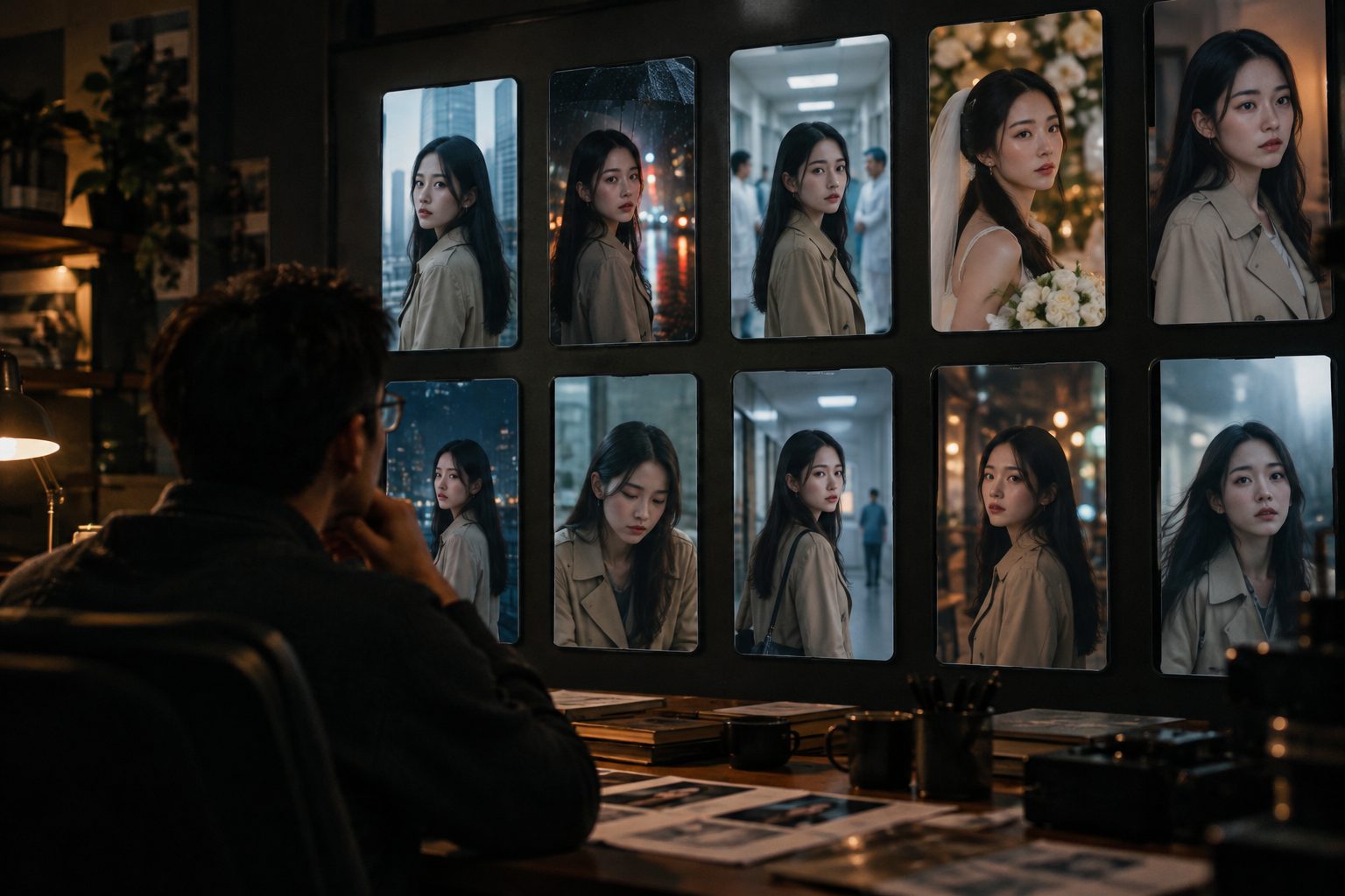 A director in a production office studying a wall of vertical frames, each showing the same actress in a beige trench coat in a different scene