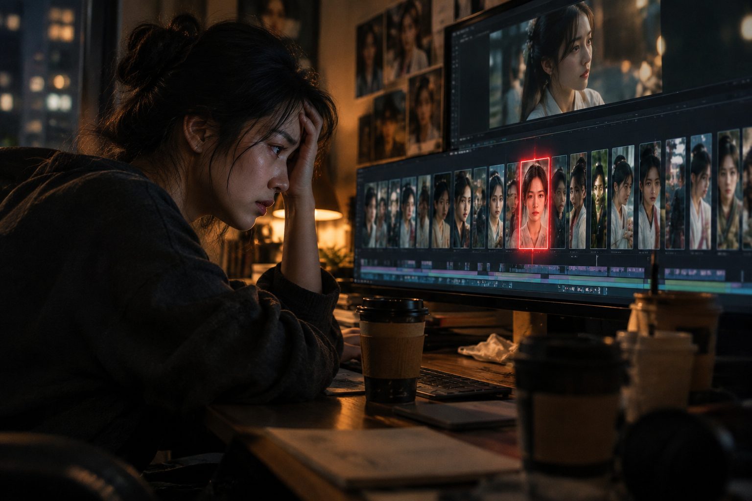 An editor late at night facing a timeline of vertical drama clips, one glowing red because the heroine's face changed