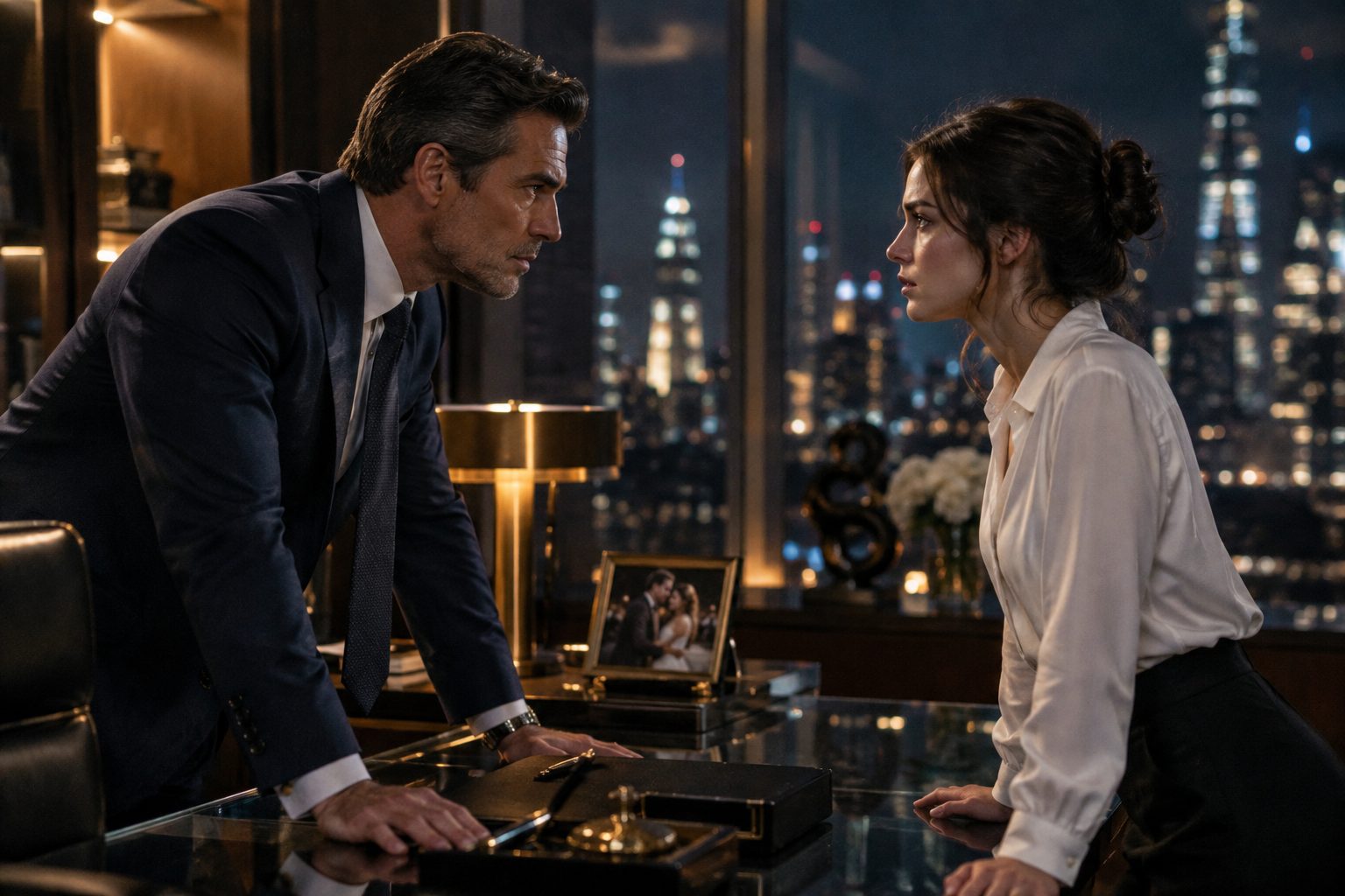 A tense night confrontation in a penthouse office between a CEO in a navy suit and a heroine in a white blouse across a glass desk