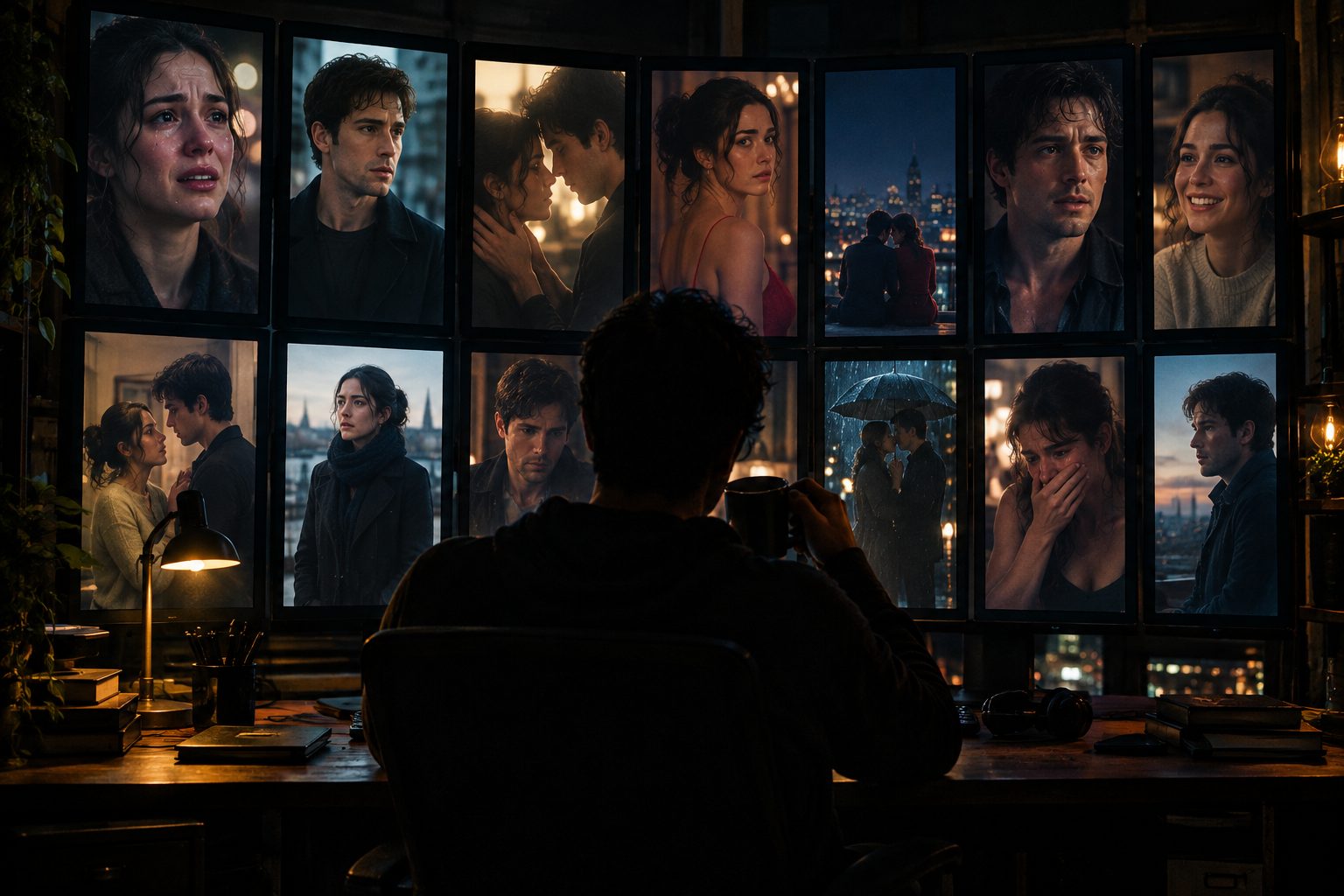 A dark control room with a wall of vertical screens rendering shots of the same cast overnight, one operator in the middle