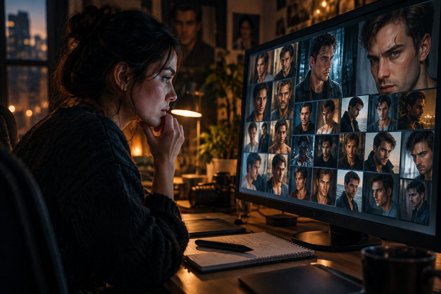 A digital artist at a large monitor picking from dozens of portraits of the same fictional actor with a scar through his eyebrow