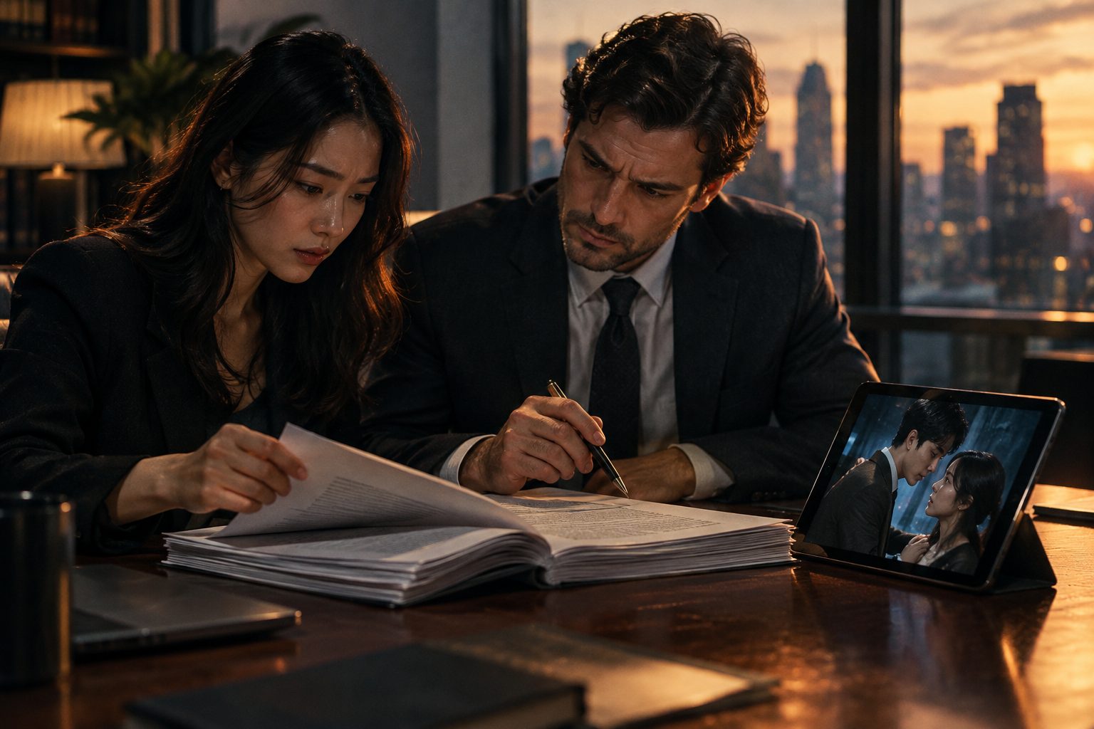A producer and a lawyer at a conference table reading a thick license agreement next to a tablet showing a vertical drama frame
