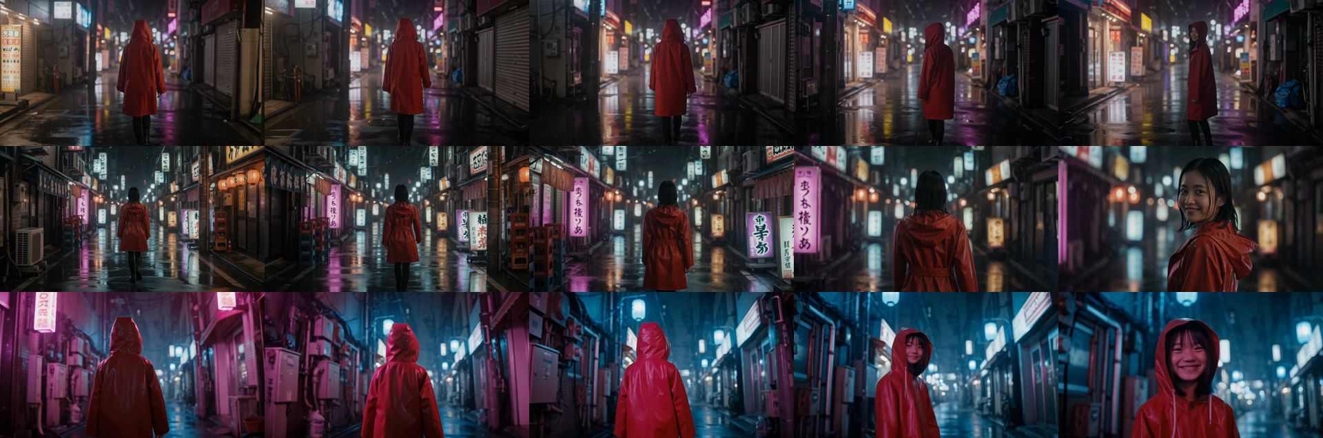 Five frames each from FLUX 3, FLUX 3 Max high and FLUX 3 Max low for the same red-raincoat neon alley prompt