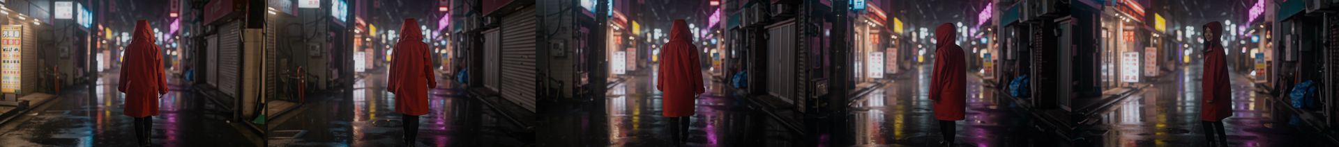 FLUX 3 standard frames: following shot in the neon alley, subject stays mostly with her back to camera