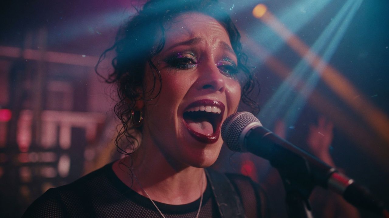 Finished close-up after Precise lip-sync on a Suno music video