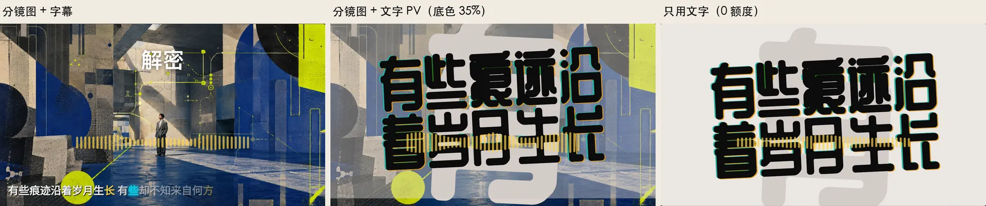 同一鏡的三種配方:分鏡圖加字幕、分鏡圖加文字 PV、只用文字