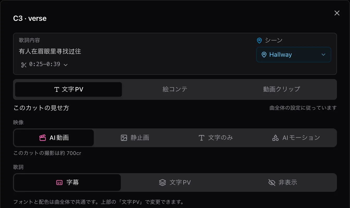 SunoMVのカット編集画面の文字PVタブ:映像4択、歌詞3択、このカットの撮影は約700cr