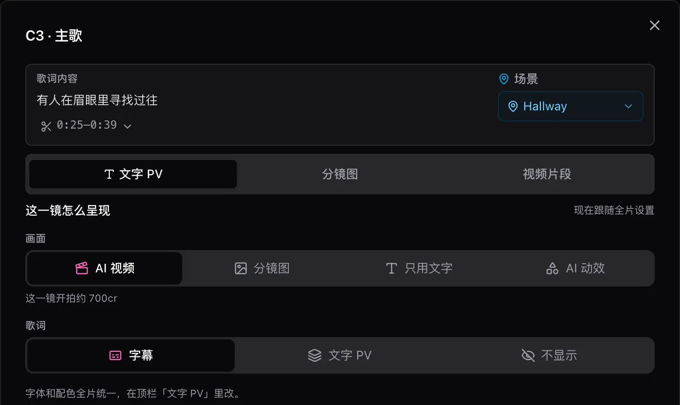 SunoMV 分鏡視窗的文字 PV 分頁:畫面四選一,歌詞三選一,顯示這一鏡開拍約 700 cr