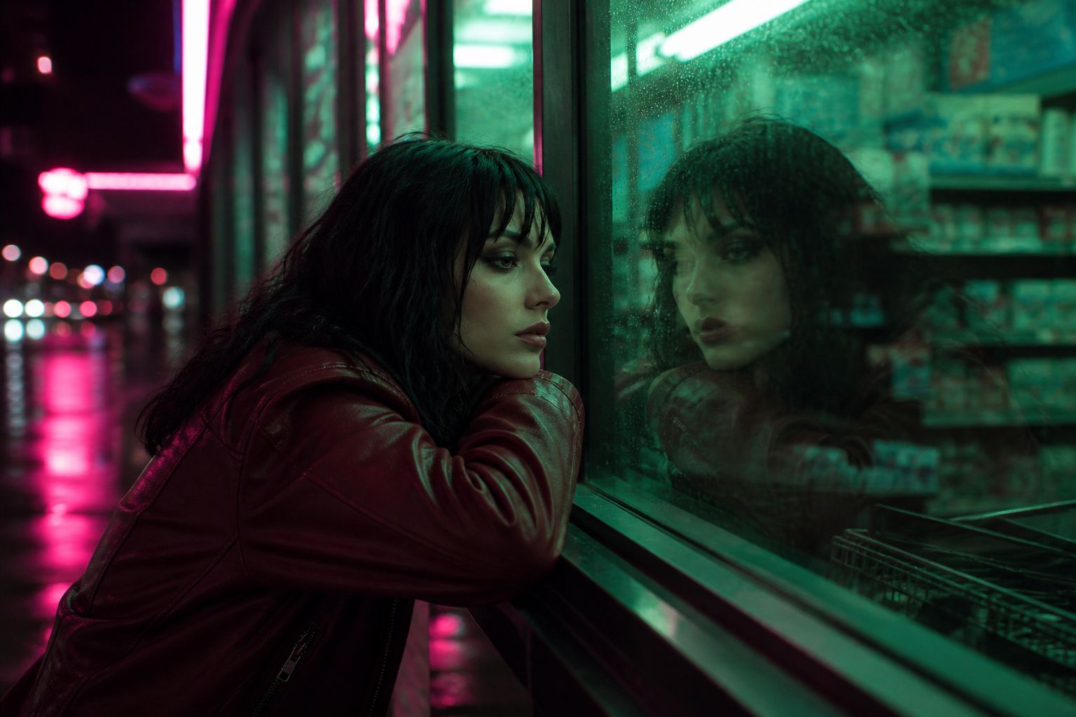 Start and end frame of a singer at a rain-streaked shop window for Kling O3
