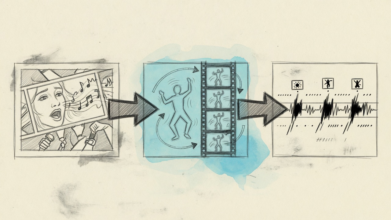 Three-step sketch: storyboard still, clip, then a beat-cut timeline
