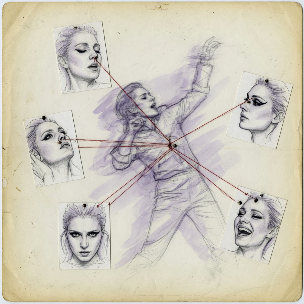 Several portraits of the same singer pinned around a central moving figure