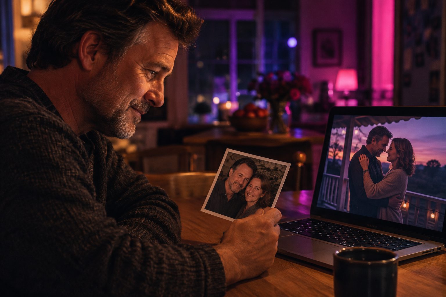 A songwriter holding a photo of himself and his wife next to a music video scene of the same couple