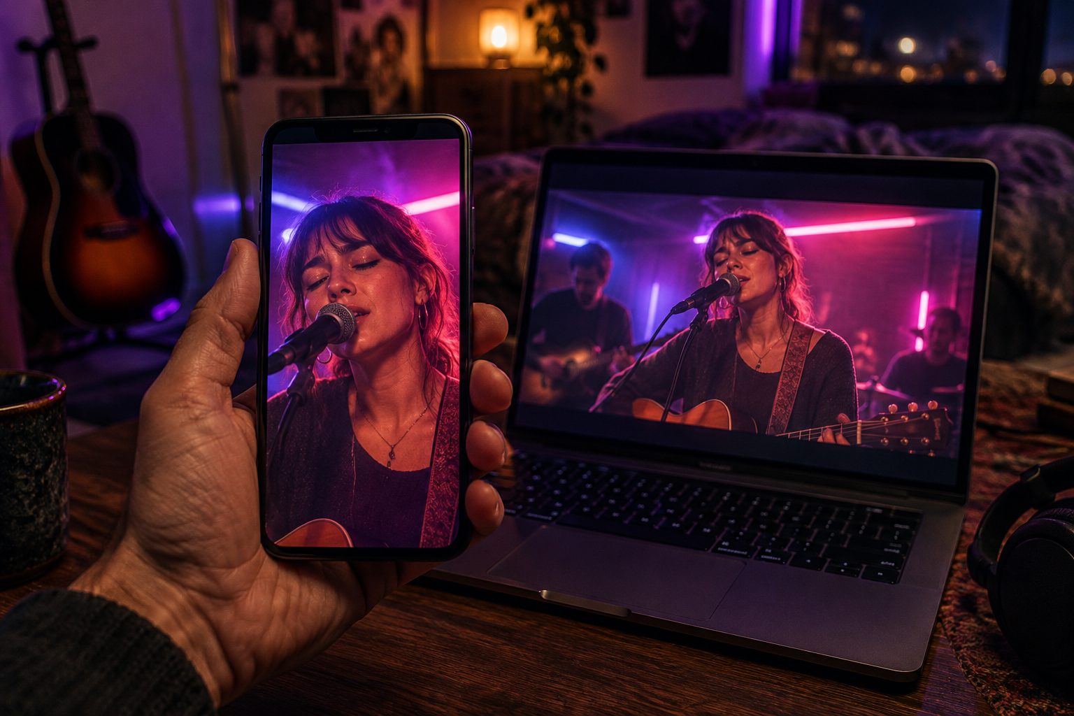 A vertical music video on a phone with the same scene playing wide on a laptop behind it