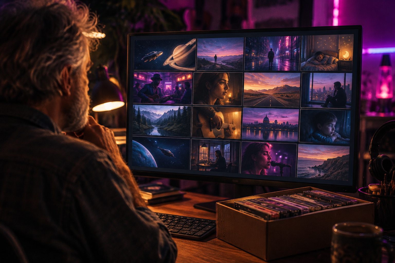 A songwriter reviewing a full storyboard of still pictures for one song