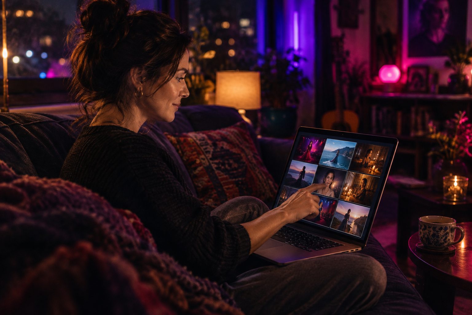 A singer checking a storyboard of still pictures of herself before shooting video