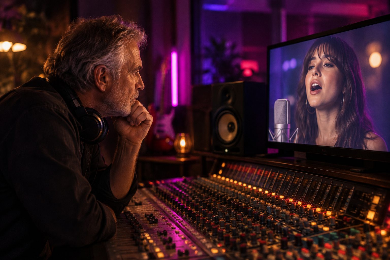 A recording engineer at a mixing console checking a singer's close-up on screen