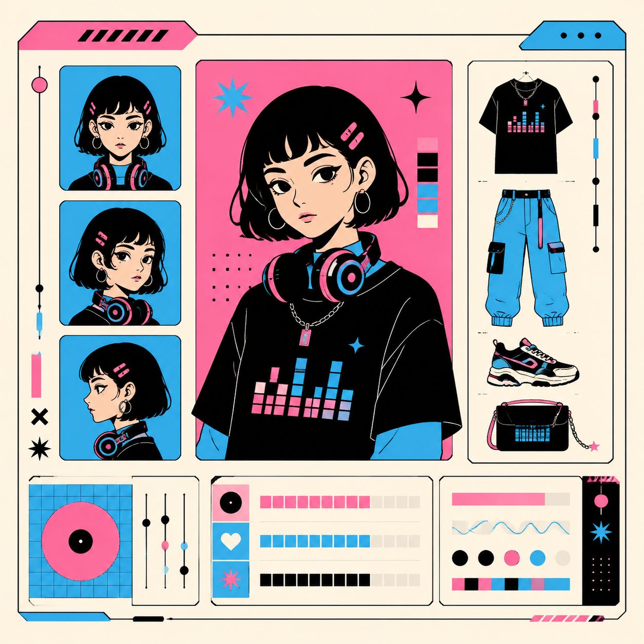A visual template locking character, palette and motif so a whole series stays recognizable