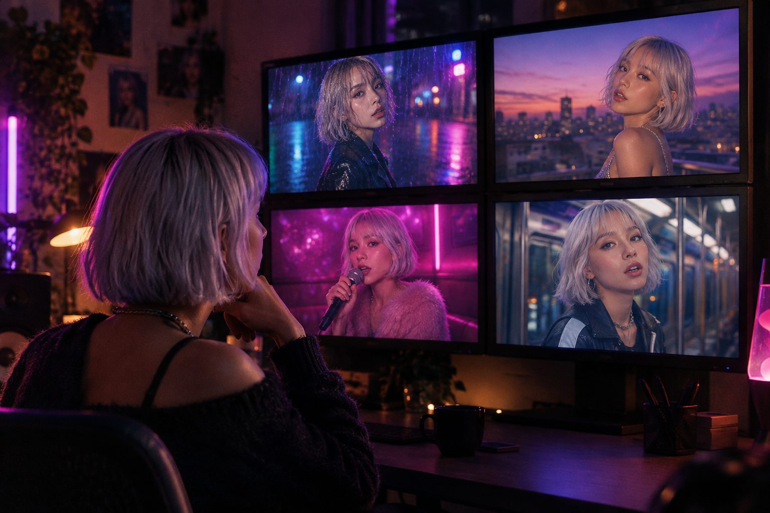 The same silver-haired singer shown on four monitors in four different chorus locations, with an identical face