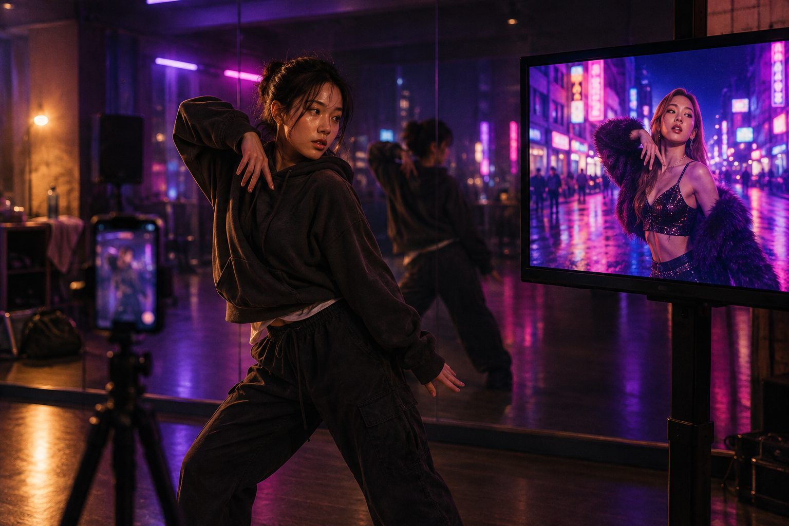 A dancer in a hoodie recording a move on a phone in a mirrored studio, while a monitor shows a stage singer doing the same move on a neon street