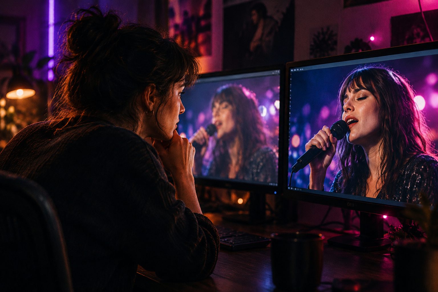 An editor between two monitors: a soft draft on the left and the same pose rendered crisp on the right