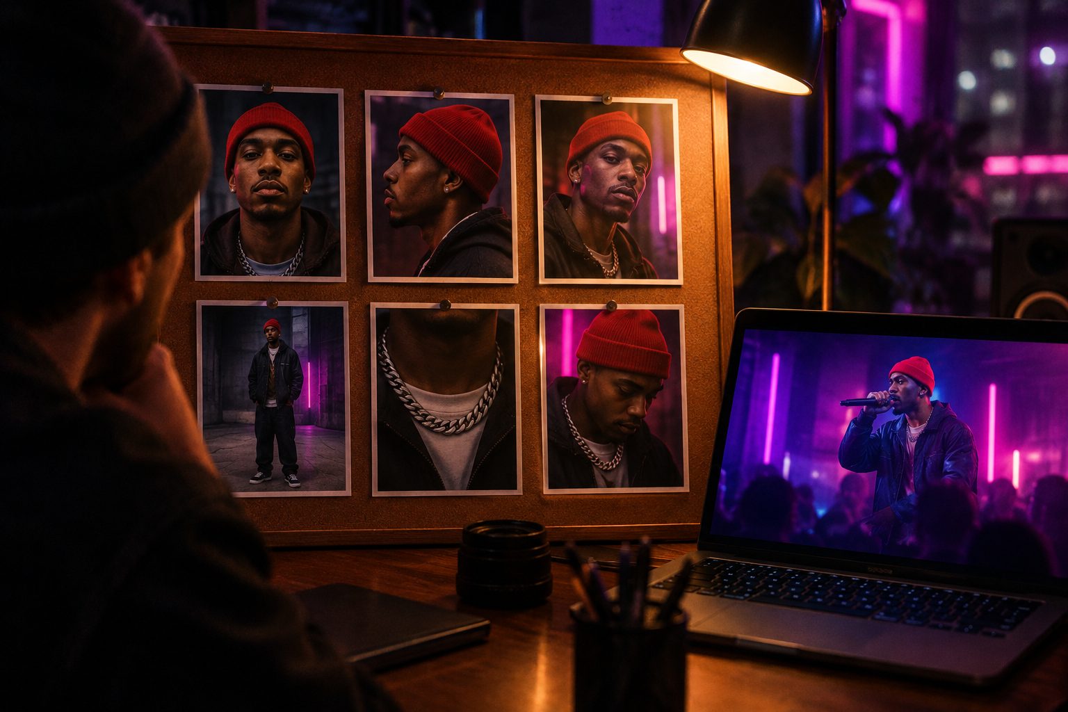 A director's corkboard with nine reference photos of the same rapper in a red beanie, and a laptop showing him on stage