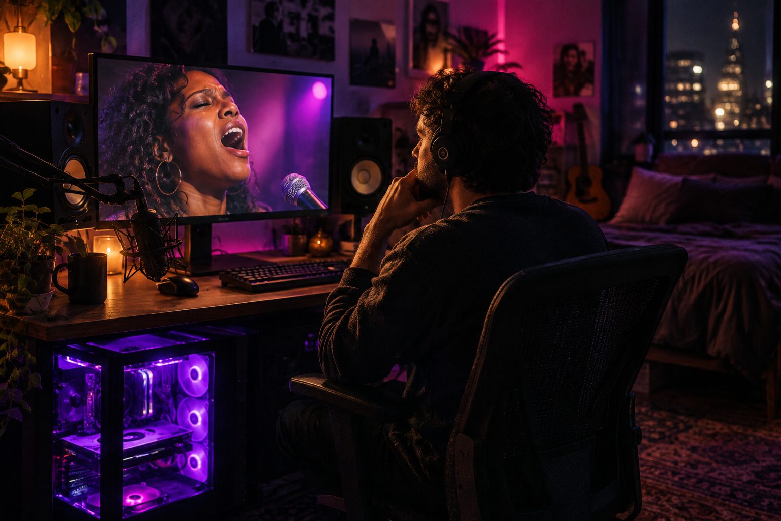 A bedroom studio at 2am with a violet-lit GPU tower under the desk and a soul singer holding a note on the main screen