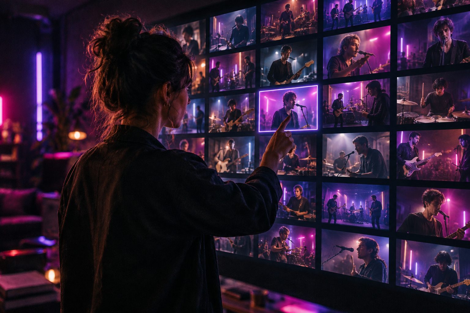 A creative director in front of a wall of small thumbnails of the same band from many camera angles, pointing at one