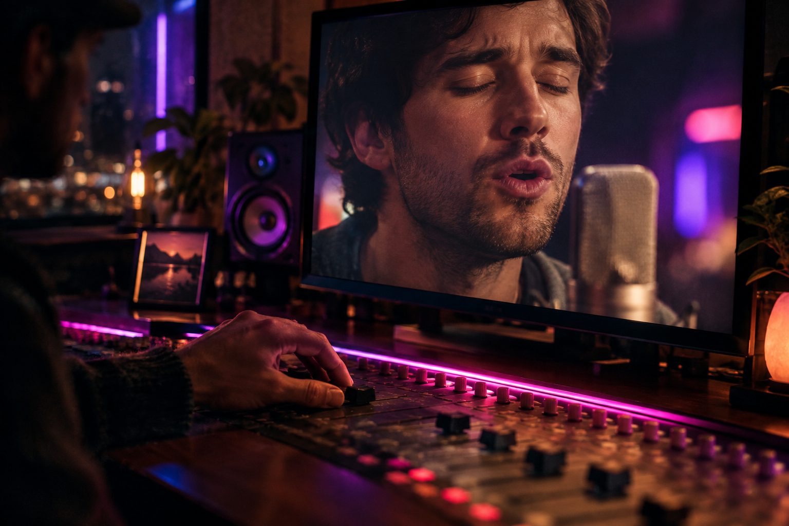 Close-up on a monitor of a male singer forming a word with closed eyes, a producer's hand on a fader in the foreground