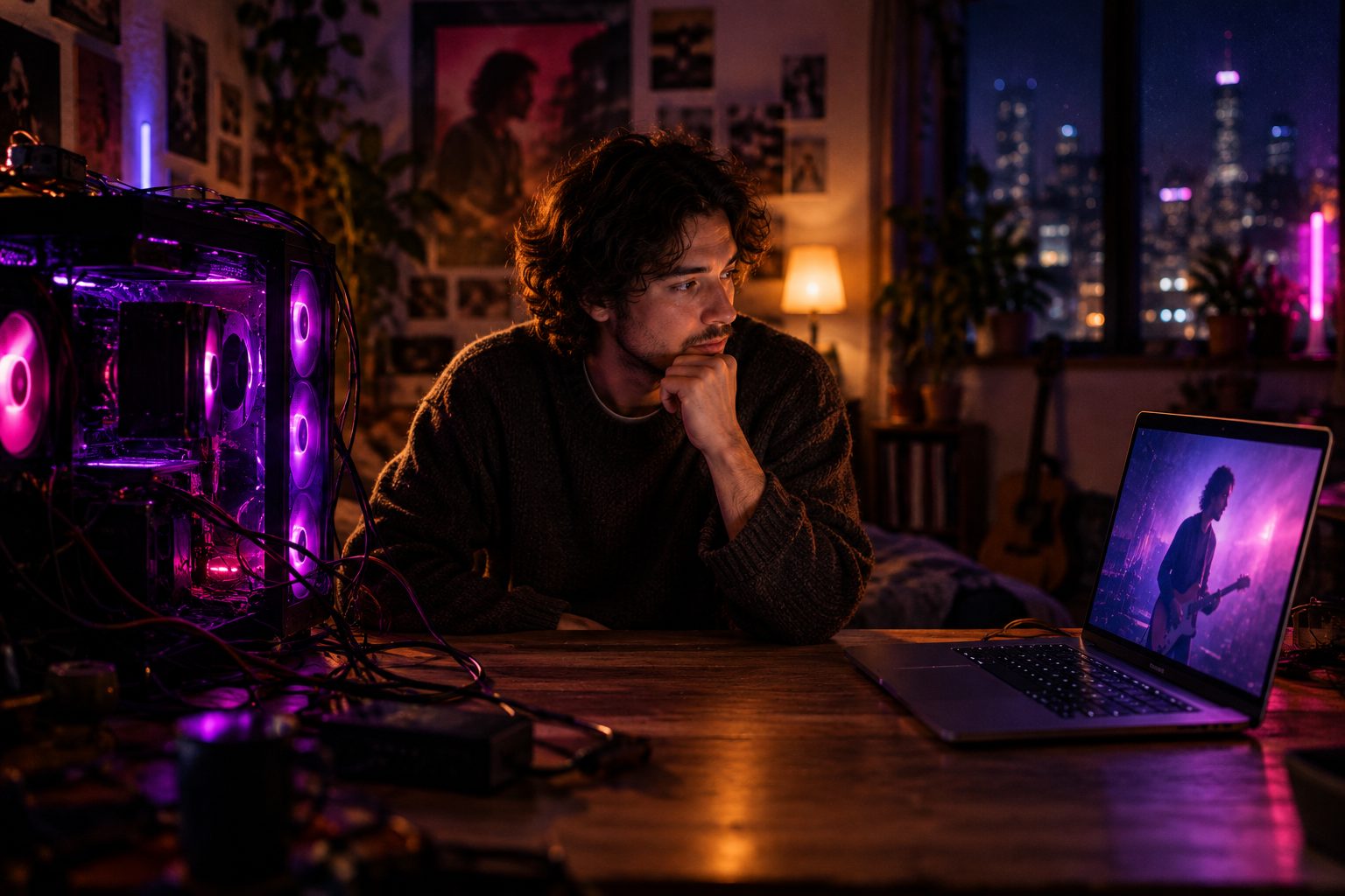 A musician at a desk at night looking between a loud, glowing GPU tower and a slim laptop playing a finished clip