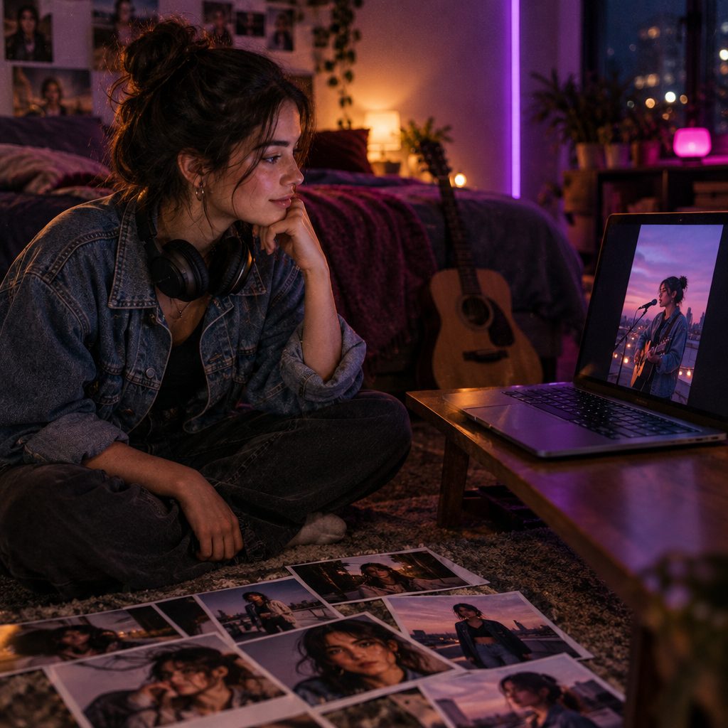 A singer sitting on her bedroom studio floor watching a vertical music-video shot of herself on a rooftop, reference photos spread on the floor