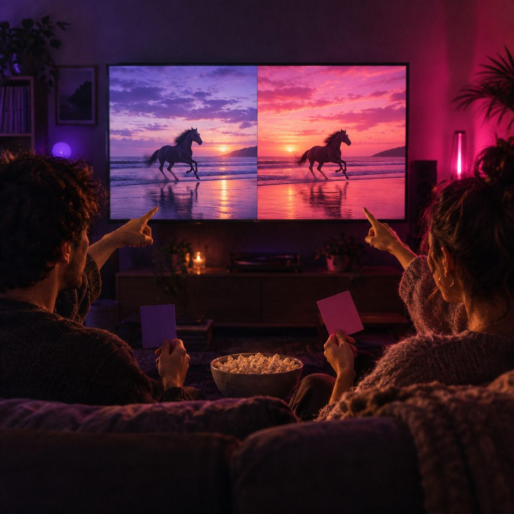 Two friends on a sofa voting on two versions of the same scene shown side by side on a split-screen TV