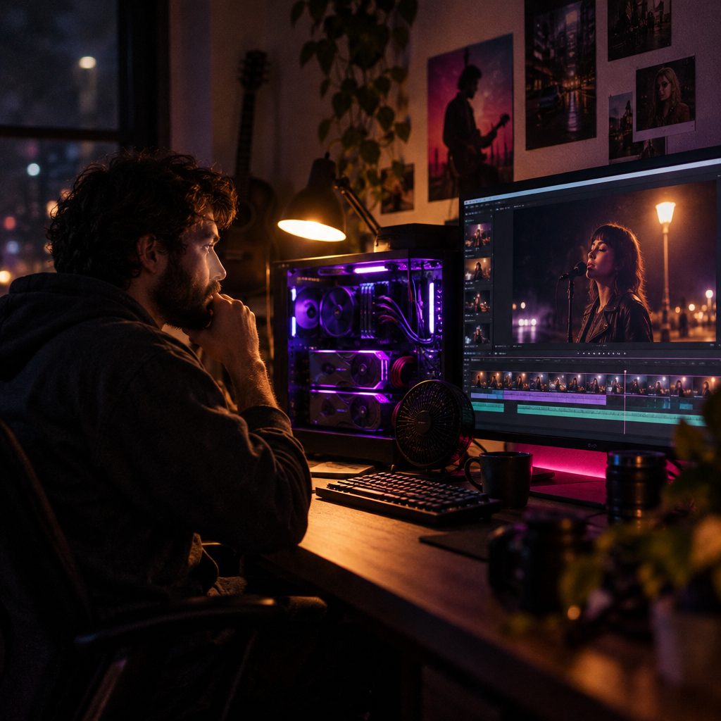 An independent filmmaker rendering a singer shot from the open-source MiniMax H3 model on two graphics cards at home