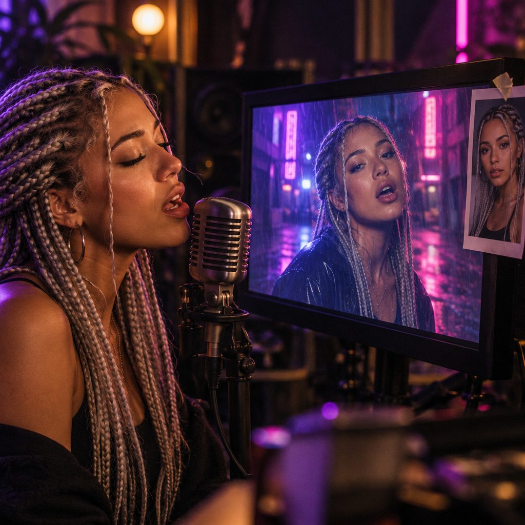 A singer at a microphone while a monitor shows the same face lip-synced in an AI music video shot, her reference photo taped to the screen