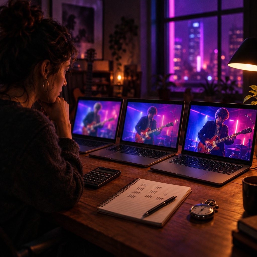A producer comparing the same guitarist clip at three sharpness levels on three laptops, with a calculator and stopwatch on the desk